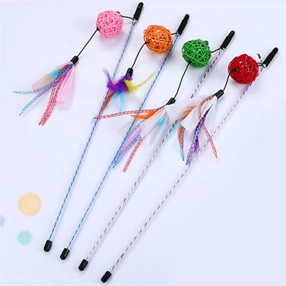 

50cm Tease Cat Sticks Colorful Cat Rod Cats Trainning Toys Cat Catch Rod with Feathers and Rattan ball
