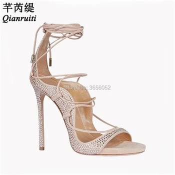 

Qianruiti Summer Luxury Crystal Studs Wedding Shoes Bride Sexy Cross-tied Strappy High Heels Lace Up Rhinestone Sandals Women