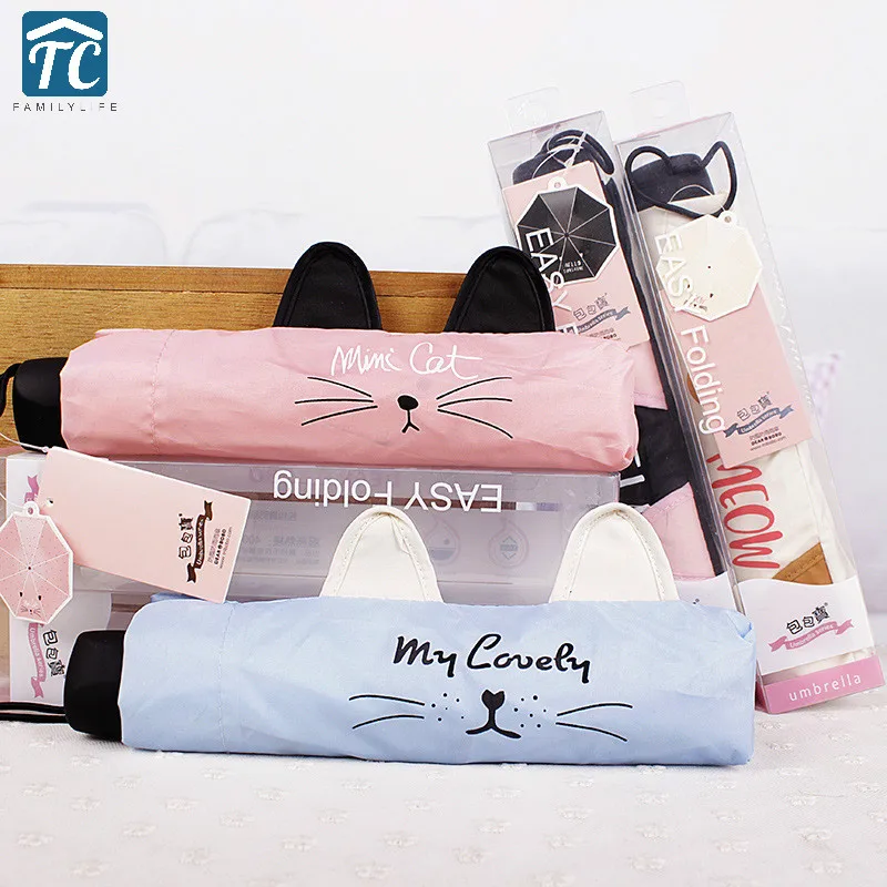 

Three-folding Umbrella Creative Cat Pattern Lightweight Foldable Pocket Women Rain Protective Windproof Sunshade Non-automatic