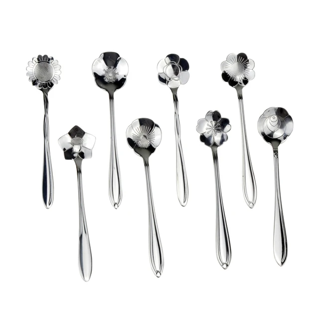 Cheap 8 Pcs/set Classic Flower Stainless Steel Coffee Scoop Matcha Tea Strring Spoon Kitchen Accessories