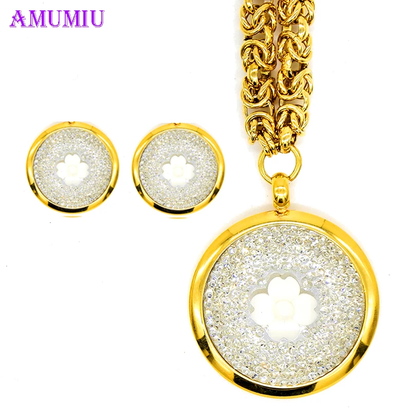 

AMUMIU Wholesale Vintage Jewelry Set Fashion Women Jewelry Set Antique Gold Flower White Crystal Round Pendant Necklace JS042