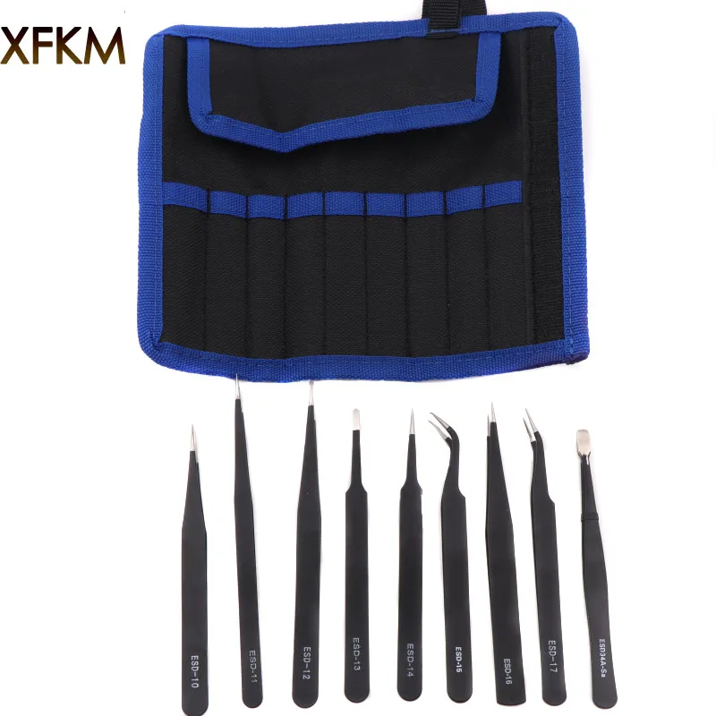 

XFKM 6Pcs/9 Pcs Tweezers Tools Kit Precision Antistatic Tip Curved Straight Tweezers for rda clapton coils cotton vape