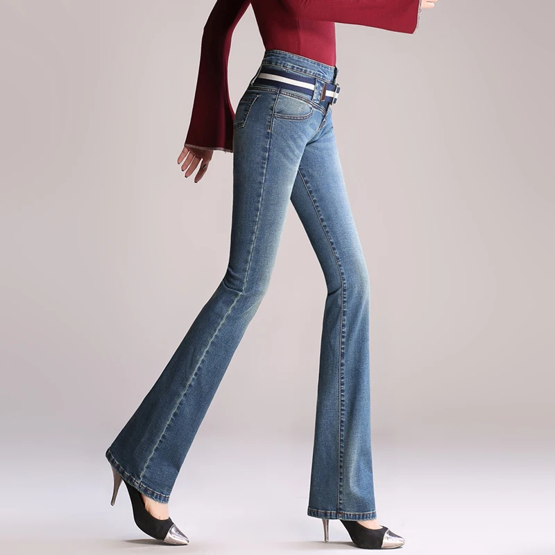 Spring and autumn new high waist micro La jeans women stretch the abdomen bell pants large size Slim straight wide pants