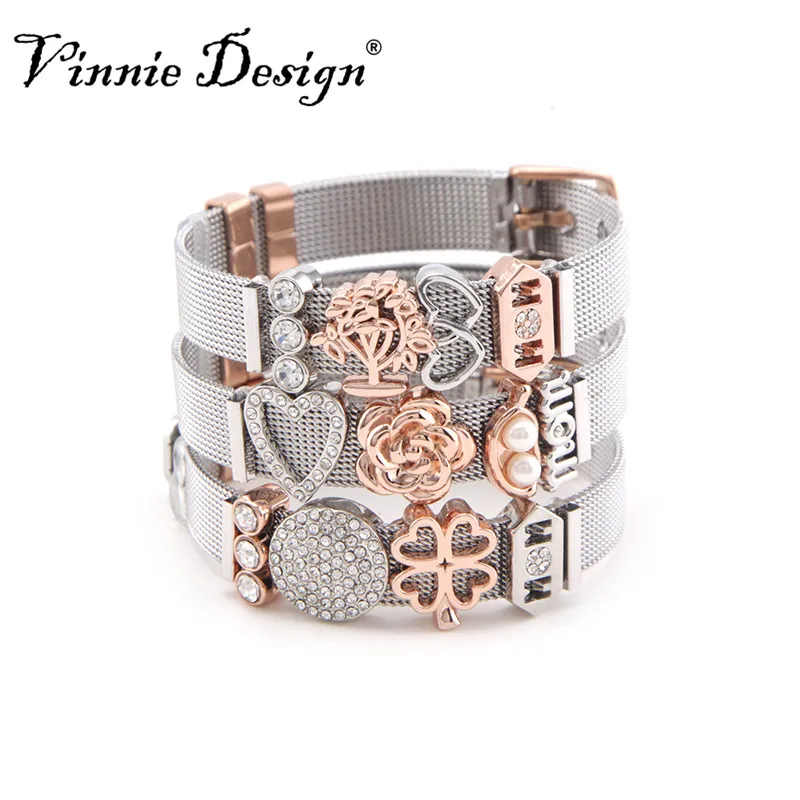 

Vinnie Design Jewelry 10mm Stainless Steel Silver Mesh Bracelet Set with 4pcs Love Mom Slide Charms