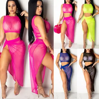 

Women Summer Sheer Bikini Cover-up Beach Dress Skirt Top Swimwear Bathing Set
