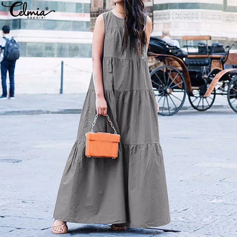 

Plus Size Summer Sundress 2019 Celmia Women Vintage Dress Sexy Sleeveless Casual Loose Solid Ruffle Party Long Maxi Vestido Robe