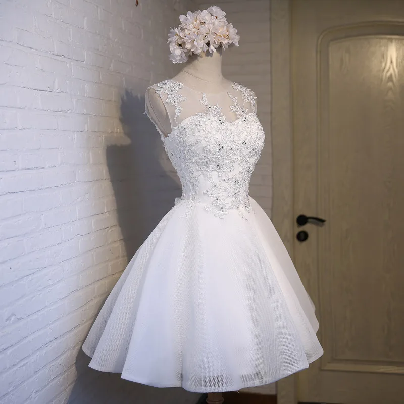 Новое Короткое свадебное платье с белой аппликацией, вышитым бисером, цветочной вышивкой, прозрачным вырезом, свадебные вечерние платья для выпускного вечера