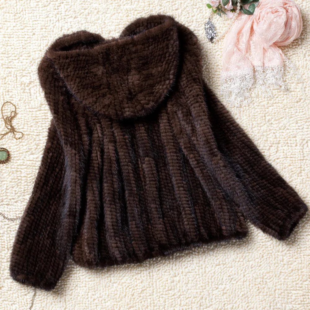 Real Fur Coat Women Winter Natural Fur Jacket Hooded Genuine Knitted Mink Fur Coat Outerwear Large Size L to 6XL Available g8892