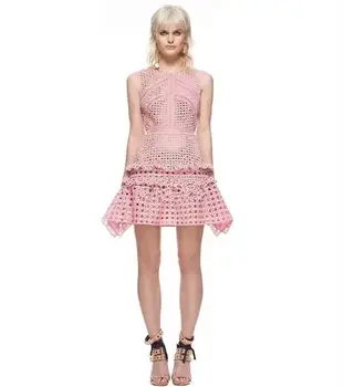 

2019 Mini Dress Sexy Celebrity Pink Lace Print O Neck Women Hollow Out Night Club Body con Sleeveless Party Dresses Wholesale