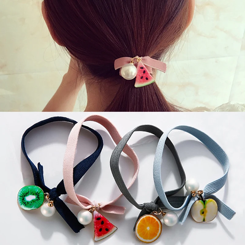 

High Elastic Fruit Hair Rubber Bands Apple Watermelon Kiwi Metal Pendant Pearl Hair Rope Bow Tiara For Women Hair Accessories