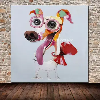 

Cartoon Animal Abstract Oil Painting Dog Wears Glasses Wall Stickers for Kids Rooms for Living Room Bedroom Dining Office Cafe
