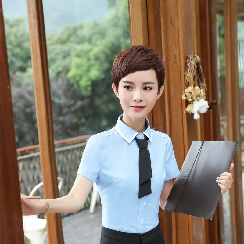 

OL Styles Elegant Blue Short Sleeve Blouses & Shirts For Women Business Work Wear Female Clothes Blouse With Tie Plus Size