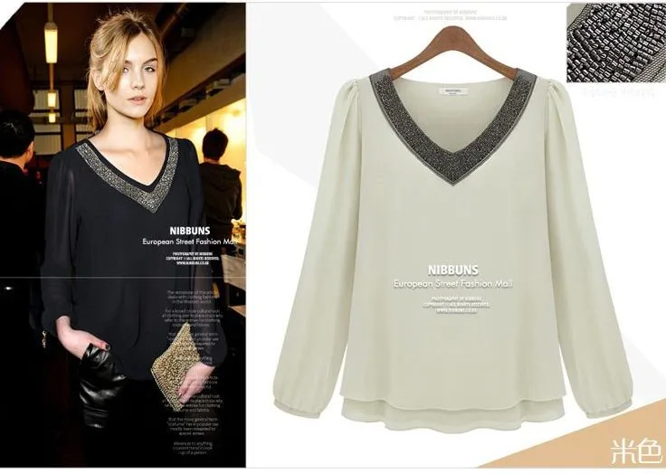 

Free shipping 2018 long-sleeved v-neck nail bead density thickening chiffon unlined upper garment jacket shirt