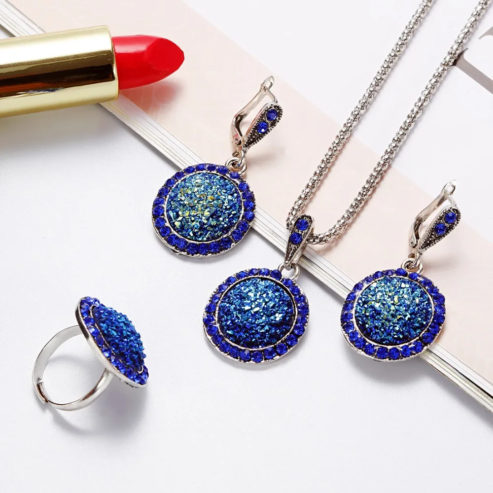 

3PCS Vintage Rhinestone Necklace Earrings Ring Set Bohemia Black Broken Stone Wedding Jewelry Set Wedding Silver Jewelry Set