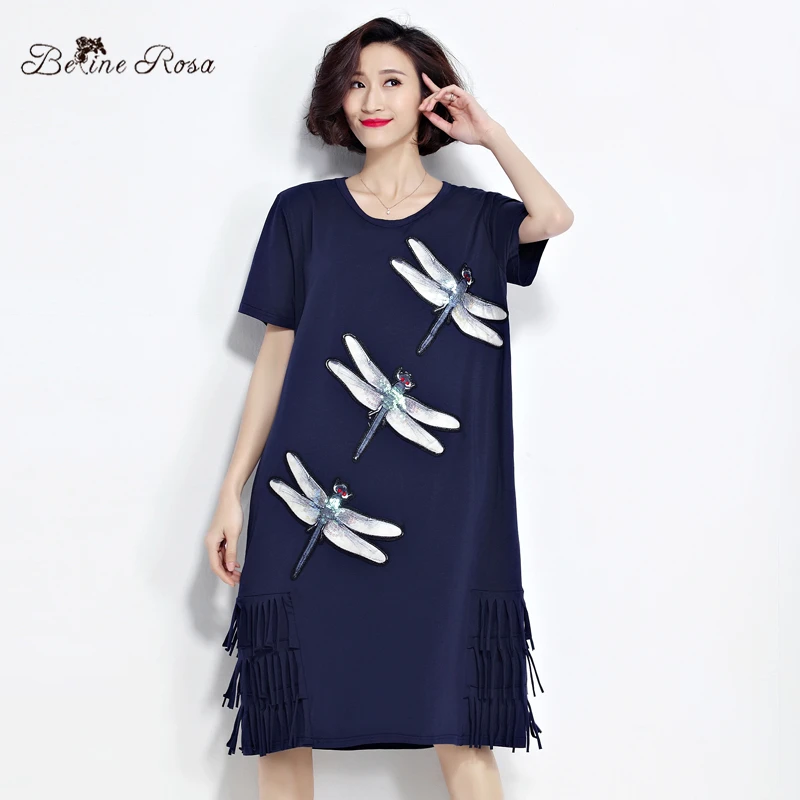 Buy Cheap BelineRosa 2017 Women's T-Shirt Dresses Summer Fashion Sequin Dragonfly Tassel Shirt Dress Women Female Fit L ~ 3XL TYW0221