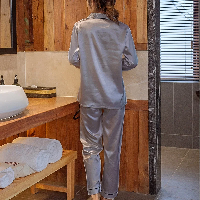 Шелковая пижама Женская Женская сатиновая пижама с длинными рукавами пижамный комплект все сезоны одежда для сна Loungewear