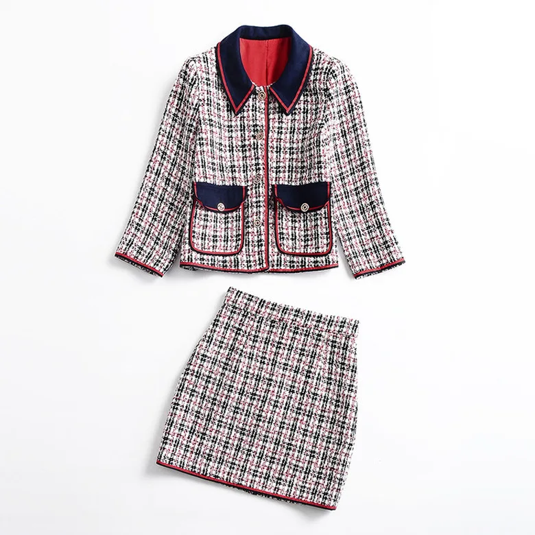

European and American women's wear autumn 2018 The new Long sleeve lapel pocket coat + skirts Tweed suit
