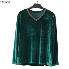 LXUNYI Весна Новые Бархатные Топы женские с длинным рукавом Свободные Большие размеры футболка v-образный вырез бисер Повседневная футболка Женская 3XL 4XL 5XL 6XL