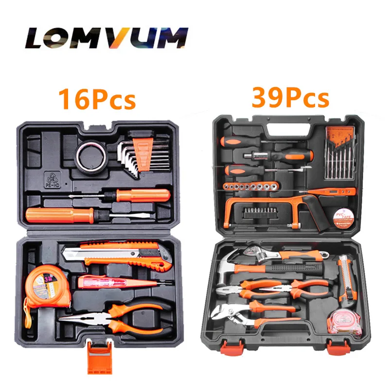 

General Household Hand Tool Kit with Plastic Toolbox Storage Case Socket Wrench Screwdriver Knife tape measure Repair DIY tools