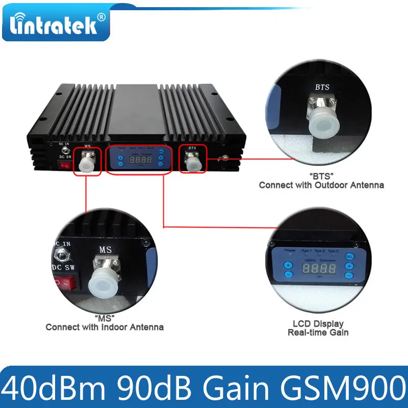 Lintratek 40dBm 90dB Gain 10W Big Power 2G GSM 900mhz AGC/MGC Signal Repeater GSM 900 3G Mobile Signal Booster Amplifier