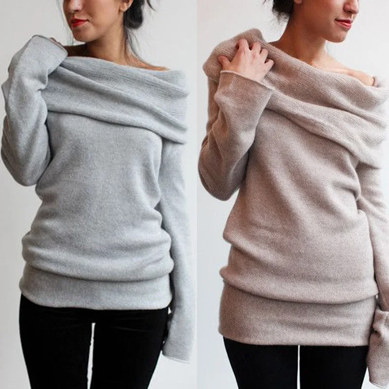

Women Sexy Casual Off Shoulder Sweater 2019 spring fashion Long Sleeve Knitted Jumper Sweater Tops