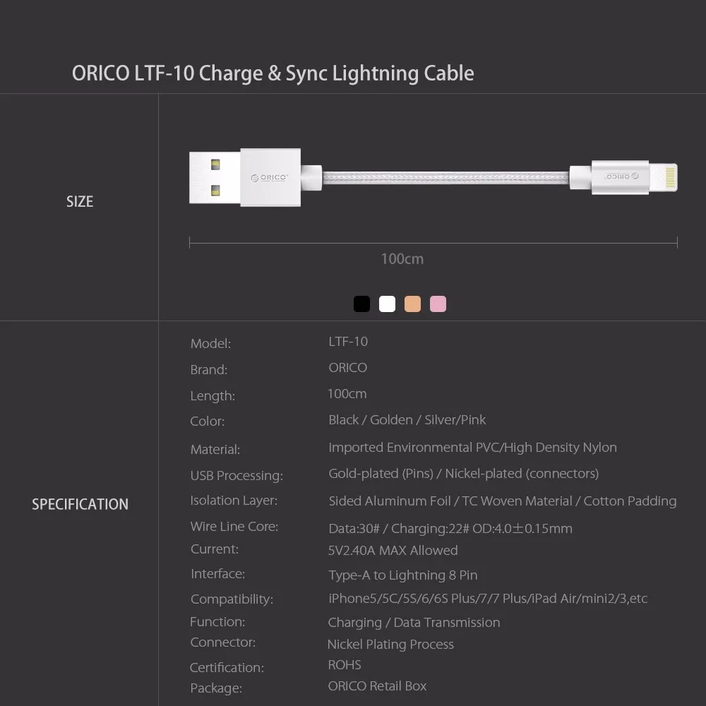 ORICO USB кабель 1 м Быстрая зарядка 2.4A для передачи данных освещения iphone 5S 6 7 Plus x iPad