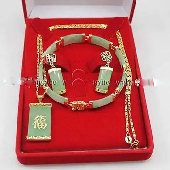

Free Shipping Green stone Inlay Link Bracelet earrings Necklace Pendant Set + Gift Box