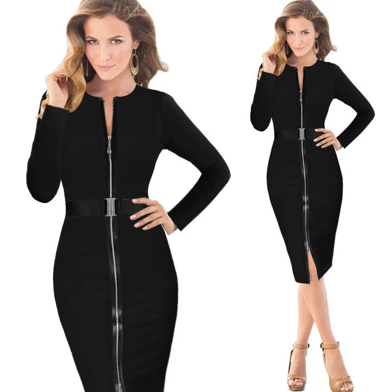 Women-Long-sleeved-Round-Neck-Knee-Length-Front-Zipper-Sheath-Black-Pencil-Gown-Dress-Robe-Moulante