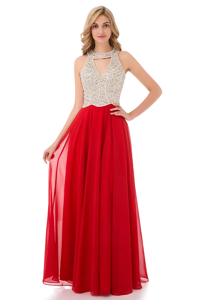 Элегантное красное шифоновое длинное вечернее платье с круглым вырезом, без рукавов,, с бисером, длина до пола, вечернее платье SML72802