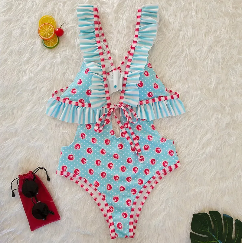 

Zrtak Bandage Bikini Ruffled One Piece Swimsuit Women Bathing Suit Sexy Cross Push Up Bikinis 2018 Mujer Swimwear Flower biquini