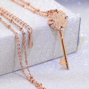 

YUN RUO Brand Woman Jewelry Rose Gold Color Luxury Crystal Key Necklace 65 CM Fashion 316 L Stainless Steel Jewelry Never Fade