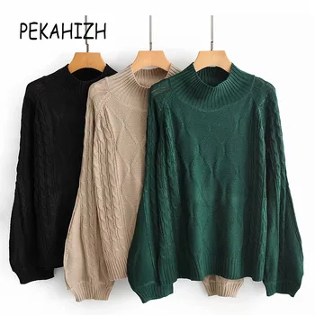 

2019 Women's Autumn New Half-neck Sweater Lantern Sleeve Sleeve Solid Color Loose Casual Diamond Knit Wild Thin Top