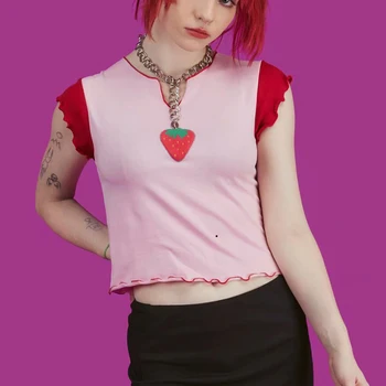 

Front Strawberry Printing Ruched Short Sleeve Open Neckline Contrast Color Women Sweet Korean Style Women Dense Kao Edge Tee