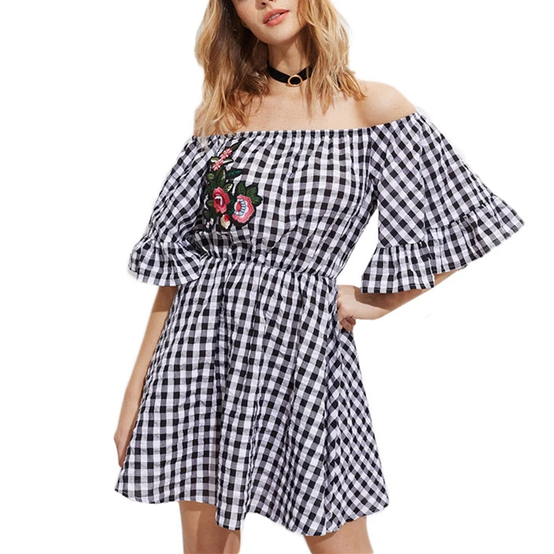 2017 Cold Shoulder Slash Neck Black White Plaid Dress Flower Print Flare Sleeve Mini Girl Party Dresses Vestidos |