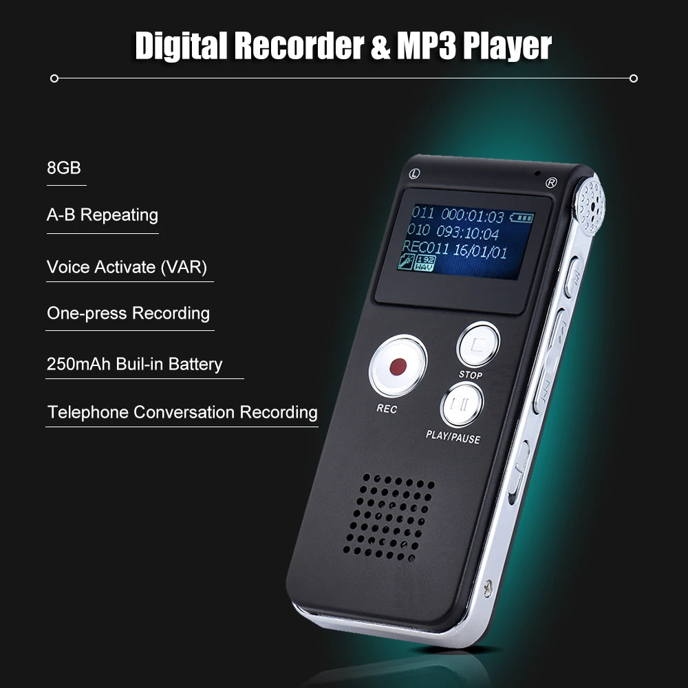 Интеллектуальный цифровой аудио диктофон 8 ГБ WAV WMA MP3 музыкальный плеер Голосовая