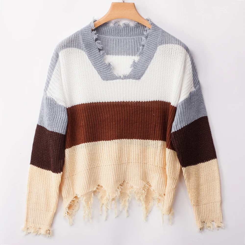 Rainbow Sweater Women Ripped V Neck Pullover and Sweater Long Sleeve Striped Autumn Knit Sweater - Цвет: Серый
