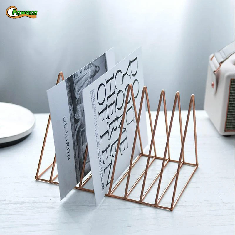 

Nordic Style Bookcases Simplified Metal Triangular Bookshelf 9 Grid Newspaper Book Magazine Rack Home Table DIY Decor Ornament