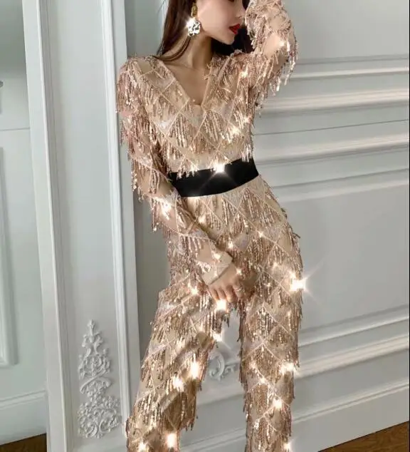 Long Sleeve Tassel Winter Jumpsuits Sequined Celebrity Elegant Christmas Evening Party Bodycon 