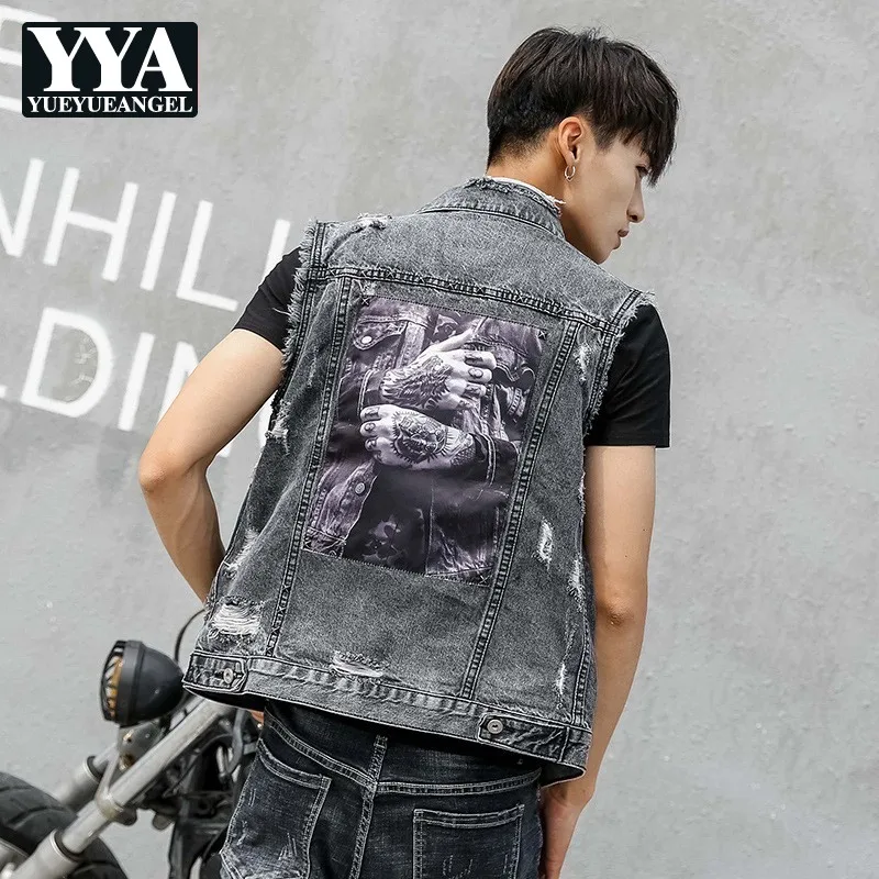 

2019 Mens Vest Casual Fashion Print Slim Sleeveless Biker Jackets Harajuku Turn-down Collar Frayed Cowboy Tops Coat Men Outwear