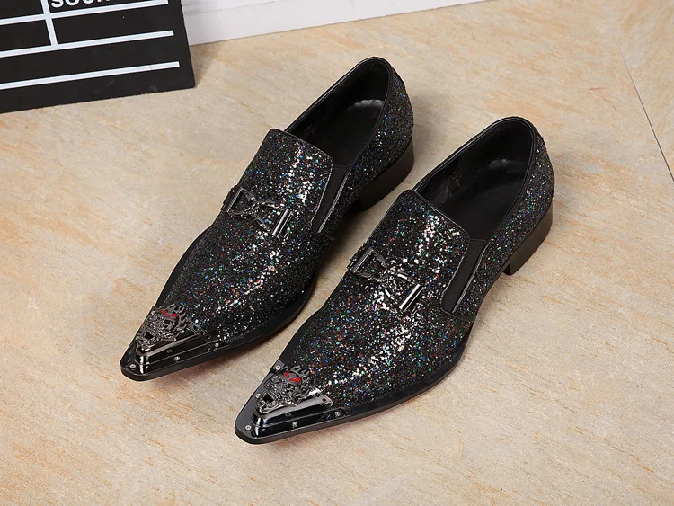 

Men Sequin Business Leather Shoes Fashion Chain Pointed Toe Slip on Formal Party Shoes