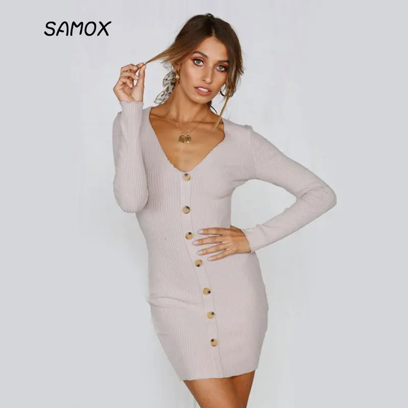 JSMY 2019 New Summer Dress Fashion Women Sexy V-neck Button Long Sleeve Pack Hip Dress