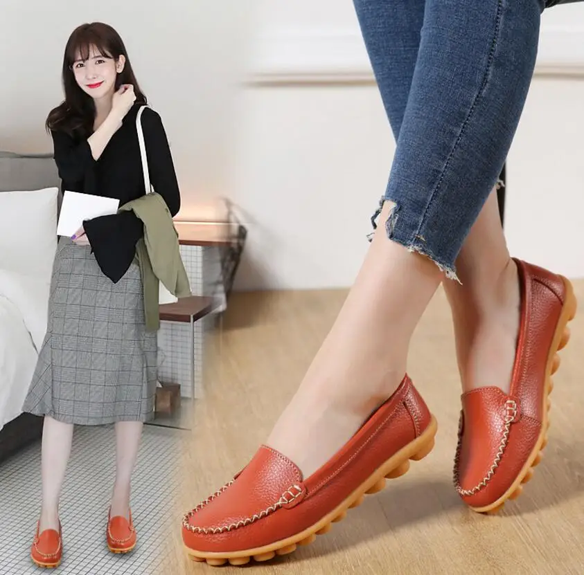 

HOE Women Shoes Genuine Leather Sneakers Casual Women Loafers Slip On Woman Flats Shoe Low Heel Moccasins Footwear