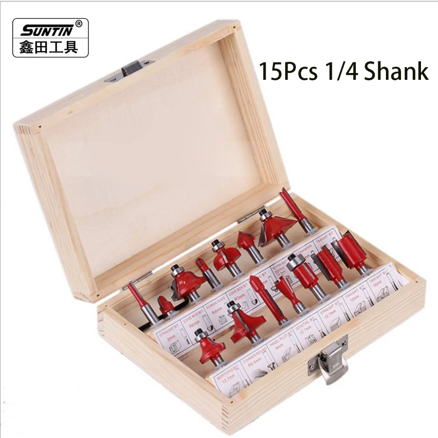 

15Pcs Milling Cutter 1/4" Router Bit Set Shank Tungsten Carbide Cutting Tools Wood Milling Cutter Dill Bits with Wood Case Box