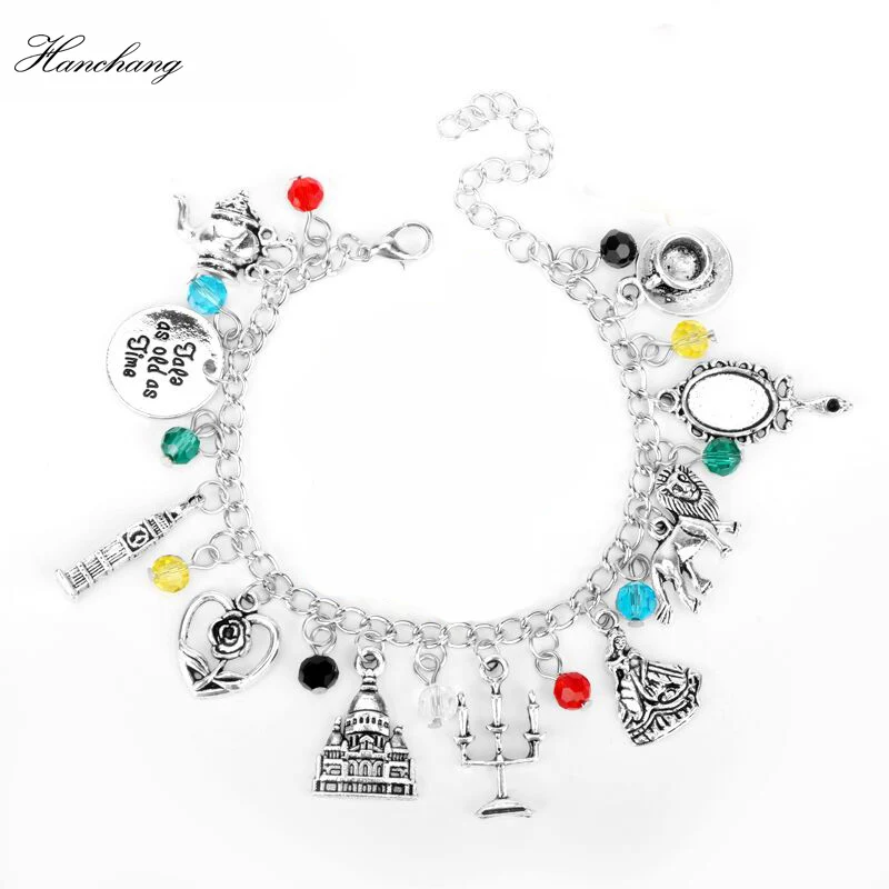 

HANCHANG Beauty Beast Charm Bracelet Moana Bracelet Roses Mirror Castle Clock Lion Harpoon Accessories jewelry Women Party Gift