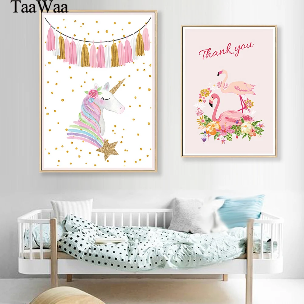 

TAAWAA Pink Flamingo Unicorn Posters and Prints Wall Art Canvas Painting Nordic Style Nursery Girls Baby Room Decoration