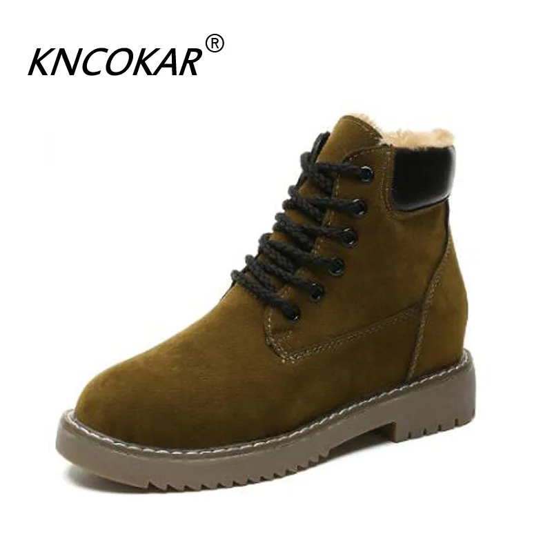 KNCOKAR Winter Velvet New Fashion Lace Up Students Flat Anti-Skid Short Boots Round Head Martin Boots Women's Shoes