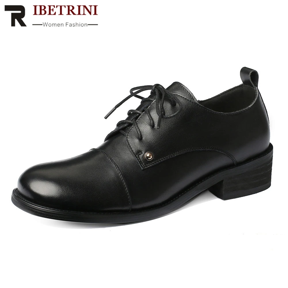 

RIBETRINI Brand Genuine Cow Leather Flats Woman Shoes Shoelaces Leisure Comfort Retro British Style Shoes Woman Flats 2019