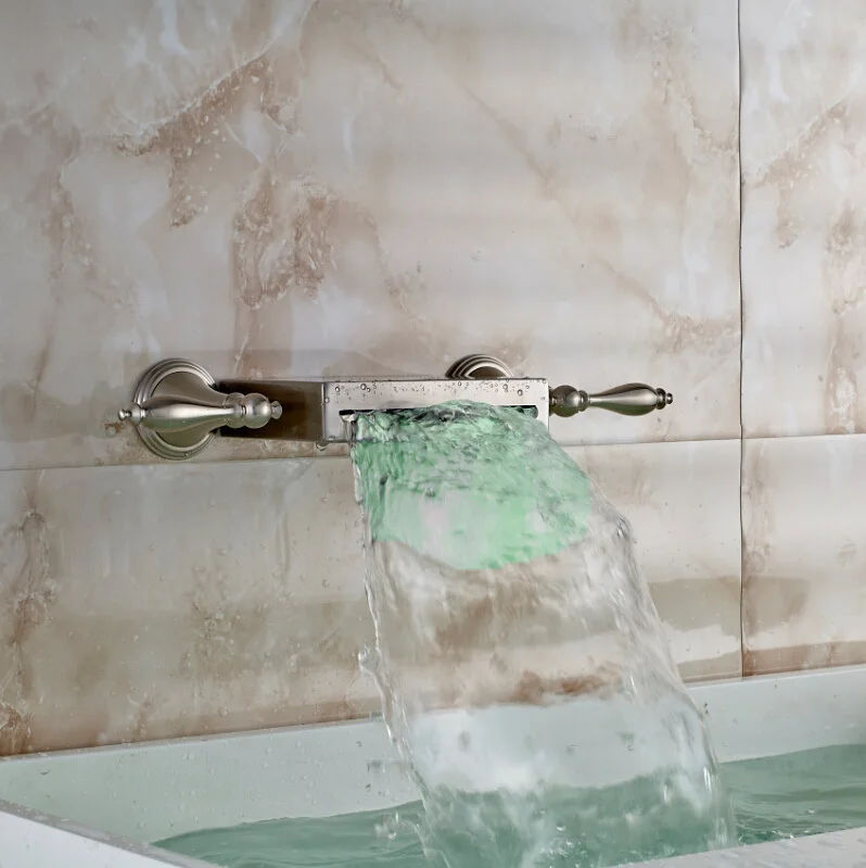 Luxury Wall Mounted Dual Handles Bathroom Sink Faucet Brushed Nickel Waterfall LED Light Basin Mixer Tap