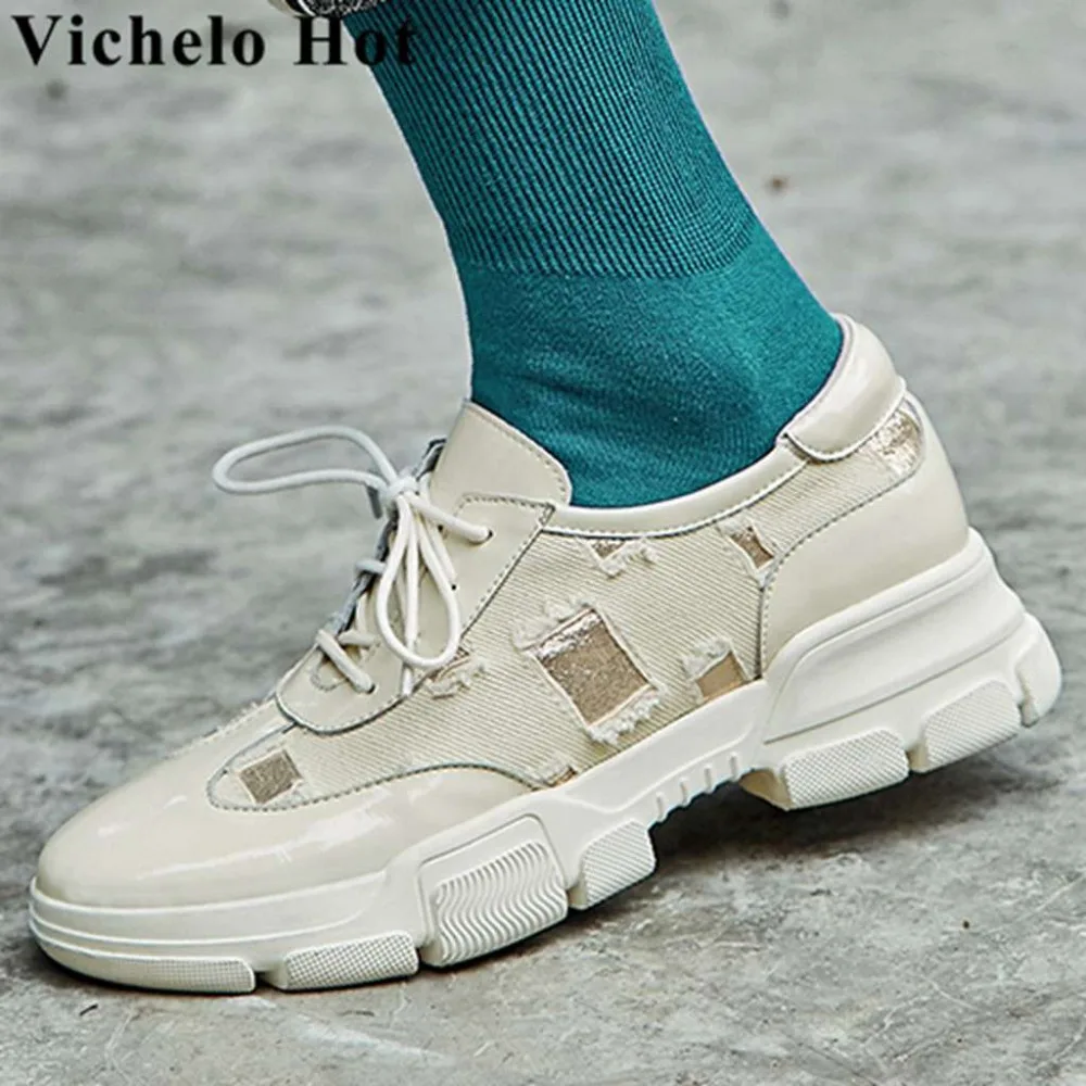 

Vichelo Hot novelty design lace up sneakers cow leather denim preppy style med bottom breathable dating vulcanized shoes L09