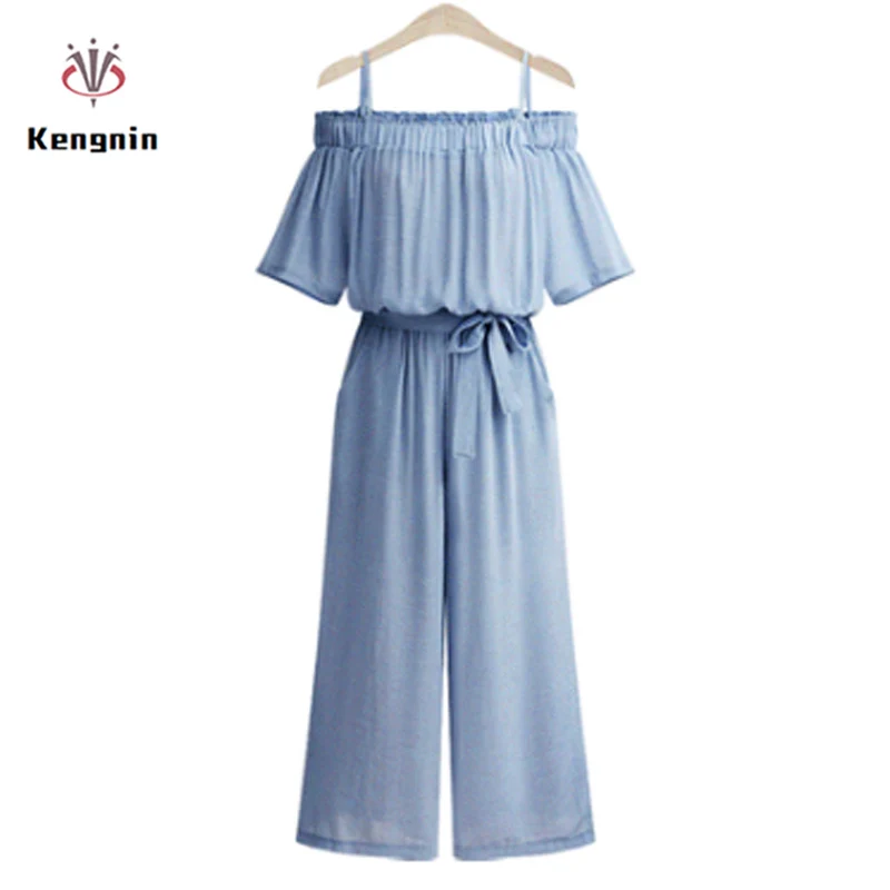 

2019 Summer European Style Women Jumpsuits Sexy Slash Neck Female Rompers Adjusted Waist Wide Leg Full Length Jumpsuit Plus Size